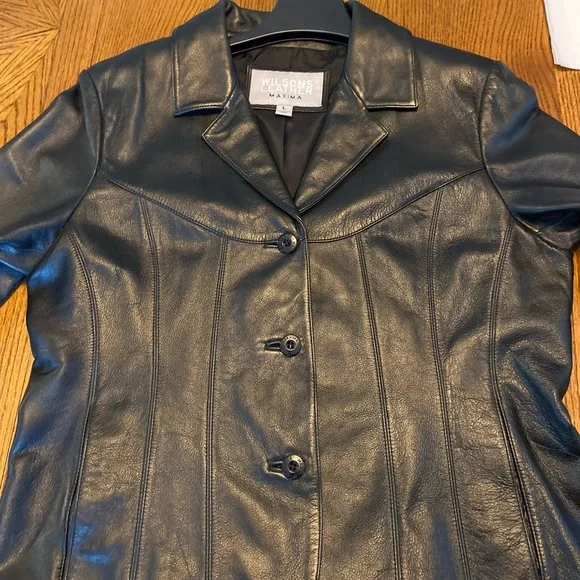 Black genuine leather blazer style button front jacket - Picture 9 of 9